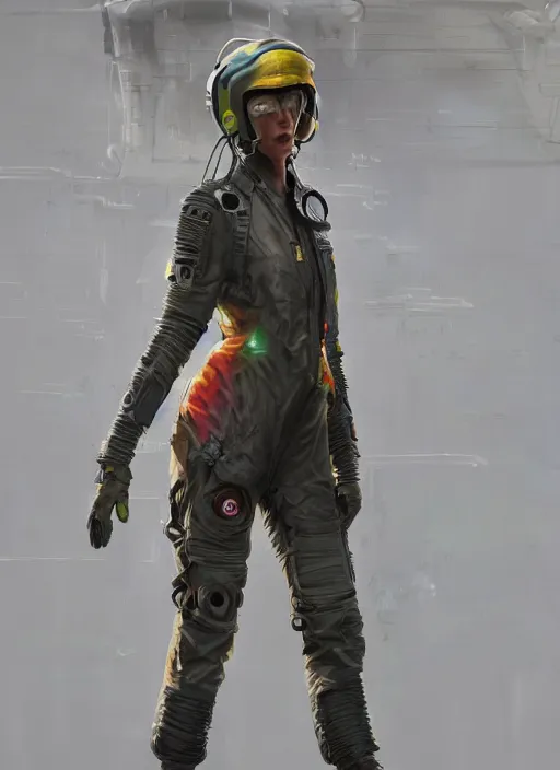 Prompt: detailed full body concept art illustration colorful oil painting of a female pilot in full intricate clothing, ultra detailed, digital art, octane render, 4K, dystopian, micro details, hyperrealistic