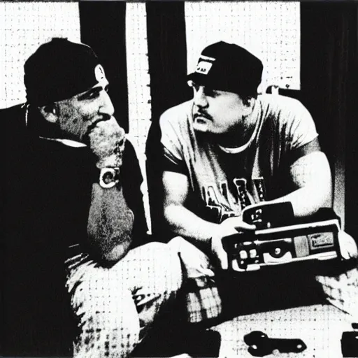 Prompt: tony soprano and tupac playing a sega genesis, inside of a mall, polaroid photo, heavy grain, 9 0 s photography