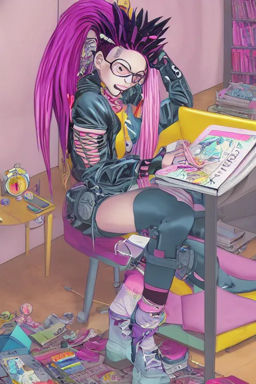 Image similar to concept art painting of an anime cybergoth girl with pink dreads on the floor reading a book in a cluttered 9 0 s bedroom, artgerm, jamie hewlett, toon shading, cel shading, calm, tranquil, vaporwave colors, rendered by substance designer, lifelike,