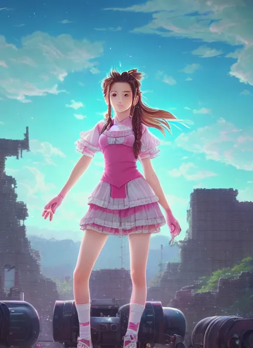 Prompt: beautiful portrait of aerith from final fantasy dahyun from twice the style of wlop, artgerm, yasutomo oka, yuumei, rendered in octane render, surrounded by epic ruins landscape by simon stalenhag, digital art dynamic dramatic lighting, imagine fx, artstation, cgsociety, by bandai namco artist,