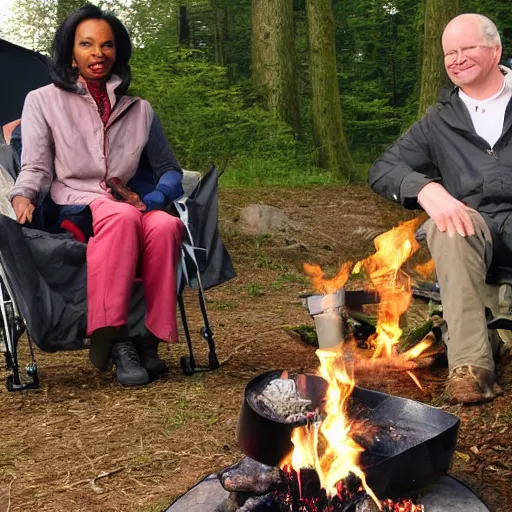 Image similar to camping in Wales with Richard Cheney and Condoleezza Rice. Condoleezza is burning the sausages on the camping stove