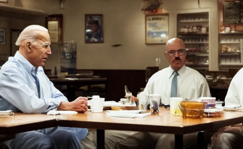 Image similar to photo of joe biden and walter white in the restaurant los pollos hermanos sitting on the same table, looking at each other, ultra detailed, movie frame, cinematical composition, 4 k, breaking bad