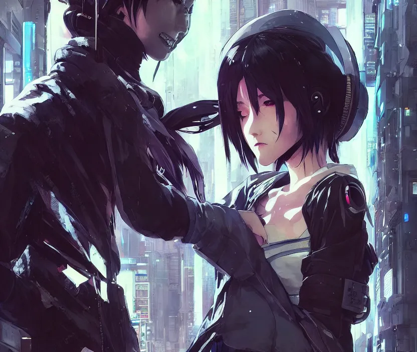 Image similar to cyberpunk anime girl in hoodie, grafity, neonpunk, alita, arcane, fortiche, action, tokyo street, detail, good face, pose model, concept art, in style of yoji shinkawa, pan ren wei, col price, atey ghailan, by greg rutkowski, aesthetic