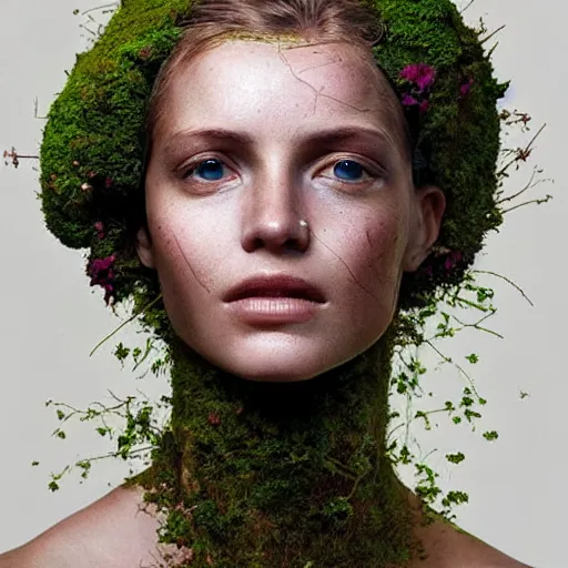 Image similar to beautiful portrait of a woman\'s face, her skin made of moss, flowers growing from her head, golden sunlight, extremely detailed, hyperrealistic, photo by annie leibovitz, masterpiece, award-winning