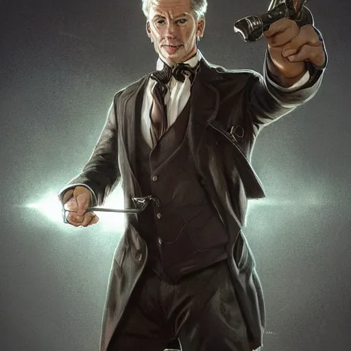 Prompt: reginald hargreeves with a cane and a revolver, wearing a pocket watch, cyber punk setting, time travel deep focus, turnaround, fantasy, intricate, elegant, highly detailed, digital painting, artstation, concept art, matte, sharp focus, illustration, art by artgerm and greg rutkowski