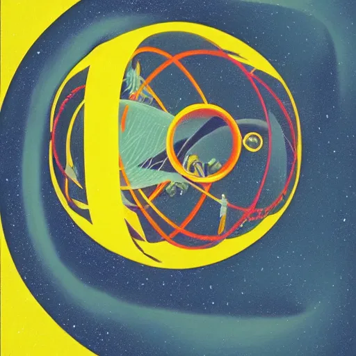 Prompt: retro dark vintage sci-fi : : 2D matte dark gouache illustration : : DNA connecting spheres : : symetric