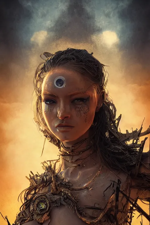 Prompt: a centered photo of a post apocalyptic goddess at burning man festival playa, powerful, cinematic, beautifully lit, by artgerm, by karol bak, 3 d, perfect face and body, trending on artstation, octane render, 8 k