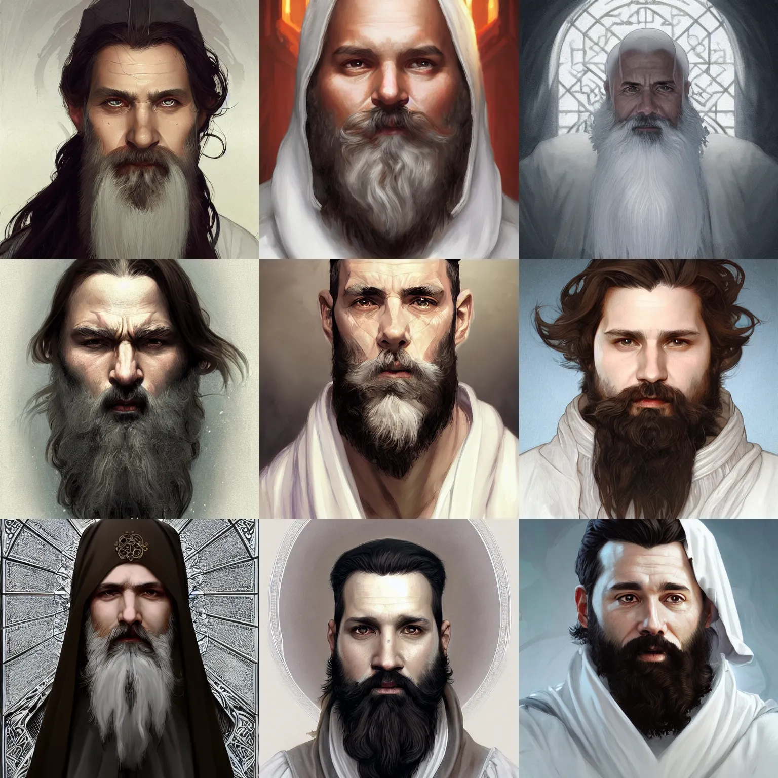 Prompt: portrait of a bearded priest, headshot, white robes, white beard, D&D, fantasy, intricate, elegant, highly detailed, digital painting, artstation, concept art, smooth, sharp focus, illustration, art by artgerm and greg rutkowski and alphonse mucha