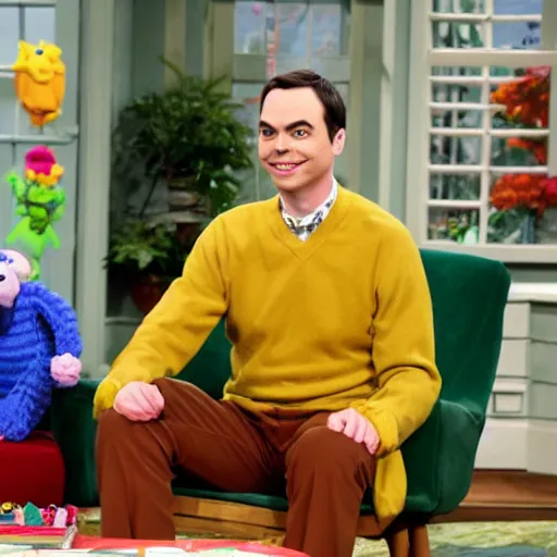 Image similar to jim parsons pretending to be mr. fred rodgers on pbs