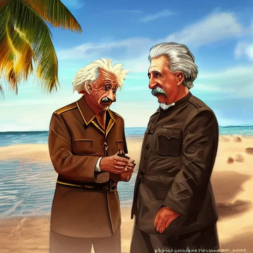 Prompt: Albert Einstein discussing a war strategy with Stalin on a caribbean beach while drinking rum, digital painting, concept art, detailed