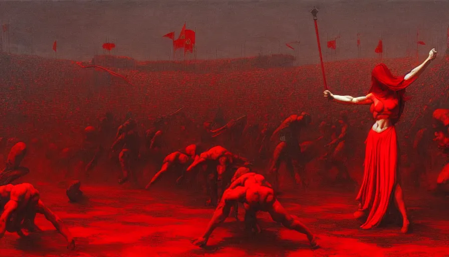 Image similar to only with red, a lightly armored gladiator in a crowded roman amphitheatre, crowd cheering, in the style of beksinski and edward hopper and rodcenko and yue minjun and cory loftis, intricate and epic composition, red by caravaggio, highly detailed, masterpiece, red light, artstation, art nouveau