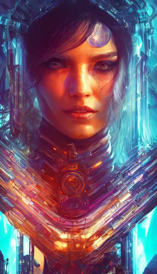 Image similar to cyberpunk angry gorgeous warlock, neon, fibonacci, sweat drops, insane, intricate, highly detailed, digital painting, artstation, concept art, smooth, sharp focus, illustration, Unreal Engine 5, 8K, art by artgerm and greg rutkowski and alphonse mucha