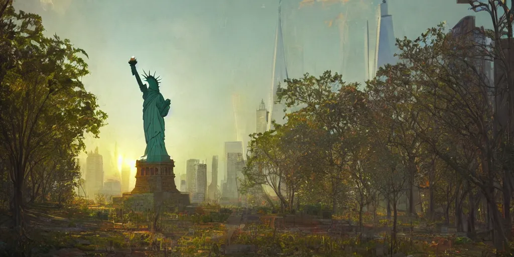 Image similar to a fantasy solarpunk statue of liberty and new york city, landscape illustration by greg rutkowski, bright sunlight, sun glints, vivid and colorful trees and plants and flowers, digital art, 8 k, trending on artstation
