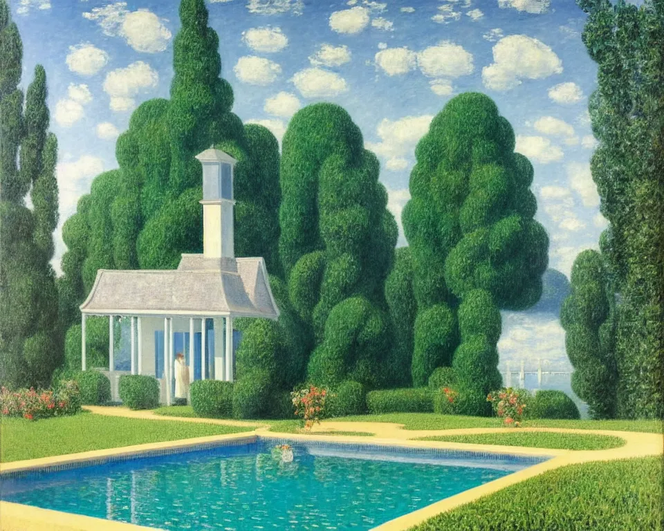 Prompt: achingly beautiful painting of a sophisticated, well - decorated, modern pool house by rene magritte, monet, and turner. whimsical.