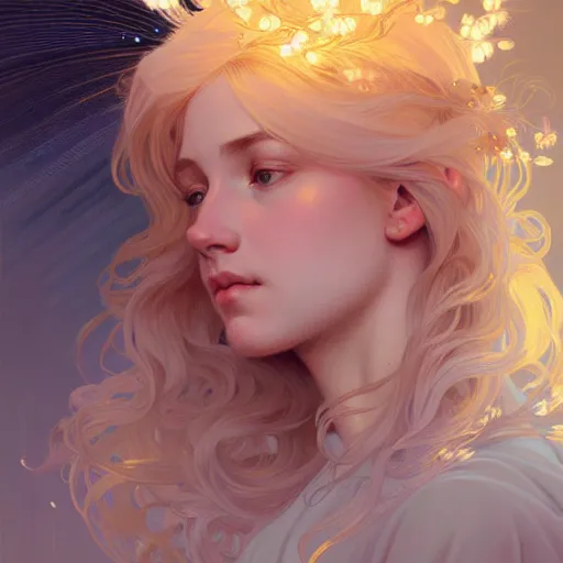 Image similar to A portrait of a blonde girl with a glowing halo surrounded by many delicate feathers, face, intricate, elegant, highly detailed, digital painting, artstation, concept art, smooth, sharp focus, illustration, art by Krenz Cushart and Artem Demura and alphonse mucha