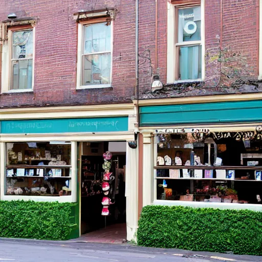 Image similar to a row of shops on main street shot straight-on, one of the shops has ivy pouring out of the door