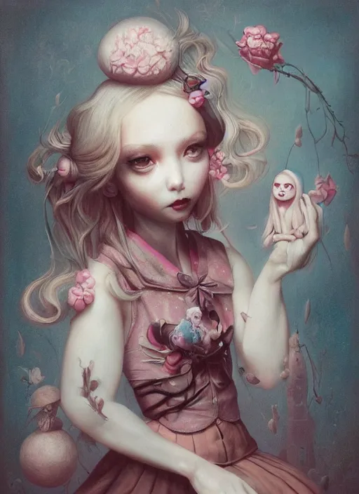 Image similar to pop surrealism, lowbrow art, realistic cute alice girl painting, japanese street fashion, hyper realism, muted colours, rococo, loreta lux, tom bagshaw, mark ryden, trevor brown style