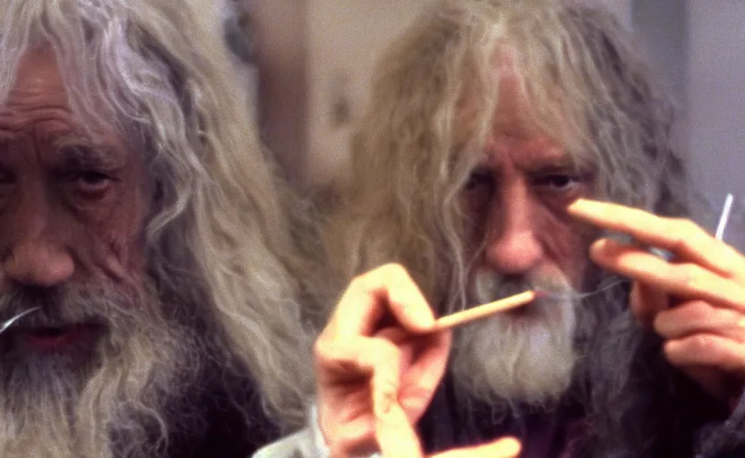Image similar to security cam bad vhs footage of stoned gandalf smoking a joint around walmart,