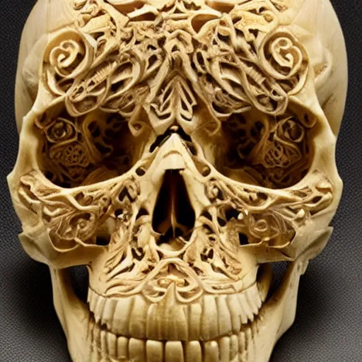 Prompt: intricately carved human skull, intricate ornament