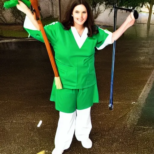 Image similar to a nurse with long brown hair and wearing green scrub nurse uniform riding on a broomstick like a witch