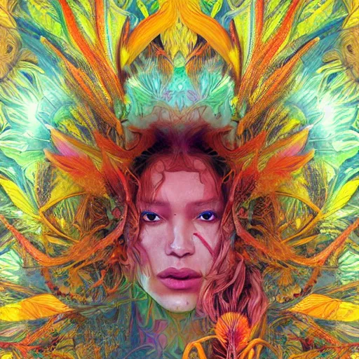 Prompt: Areality bending psychedelic ayahuasca experience, colorful, distorted, surreal, tropical bird feathers, dramatic lighting on the face, intricate, elegant, highly detailed, digital painting, concept art, smooth, sharp focus, illustration, art by Krenz Cushart and Wayne Barlowe and alphonse mucha