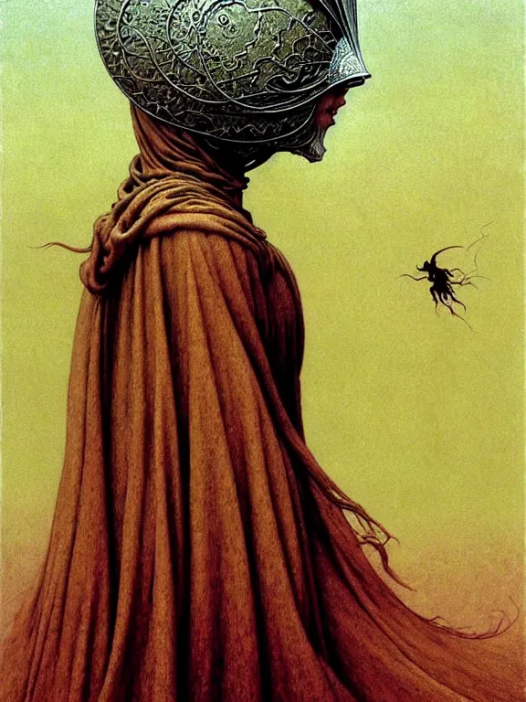 Image similar to soaring woman wearing a huge round mask hiding her face with many thick long blades behind head. dressed in a long robe with wide sleeves. highly detailed, symmetric, concept art, saturated colors, masterpiece, fantasy art, hyperdetailed, hyperrealism, art by zdzisław beksinski, arthur rackham, dariusz zawadzki, larry elmore