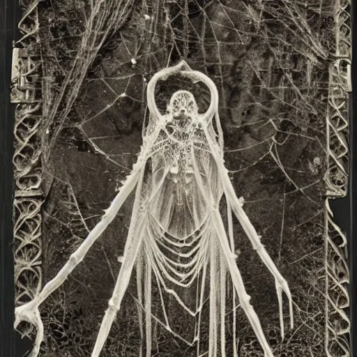 Image similar to 1860 photo of an ancient fractal spider-woman-demon on an abandoned factory on the middle of a forest, spooky , spider webs, devouring the human soul, veins, arteries, intricate, golden ratio, full frame, microscopic, elegant, highly detailed, ornate, ornament, sculpture, elegant , luxury, beautifully lit, ray trace, 3d, PBR