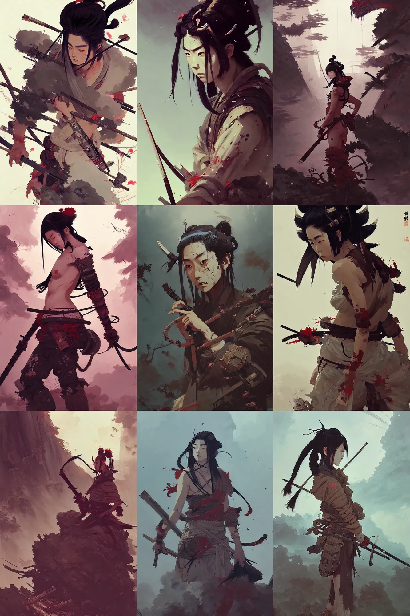 Prompt: beautiful! painting of post apocalyptic feudal japan, realistic, hyper detailed, concept art, in style of pan ren wei, greg rutkowski, ilya kuvshinov, greg tocchini, james gilleard, joe fenton, kaethe butcher, chiaroscuro, anime aesthetic