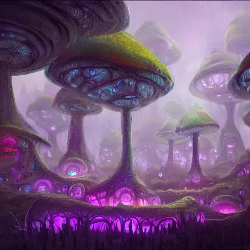 Image similar to concept art detailed painting of a dark purple fantasy fairytale fungal town made of mushrooms, with glowing blue lights, in the style of jordan grimmer and neil blevins and wayne barlowe