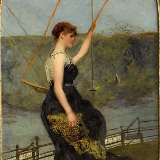 Image similar to woman traversing a suspension bridge by alfred stevens