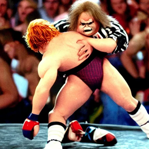 Image similar to screaming chucky doll wrestling hulk hogan wrestlemania iii