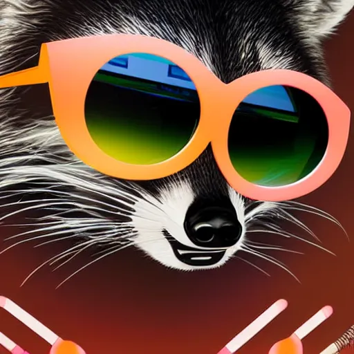a raccoon dj with colored sunglasses making techno