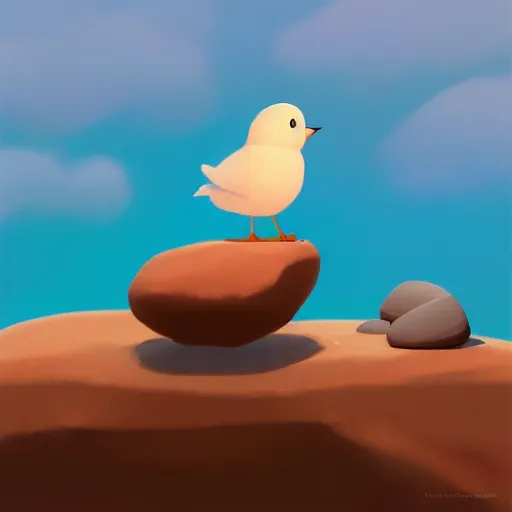 Image similar to goro fujita ilustration a cute little bird perched on a rock watching the ocean and the waves with their foam, the sky with fluffy clouds and makes a warm light, painting by goro fujita, sharp focus, highly detailed, artstation