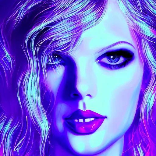 Prompt: closeup portrait of an ethereal Taylor swift made of purple light, divine, cyberspace, mysterious, dark high-contrast concept art