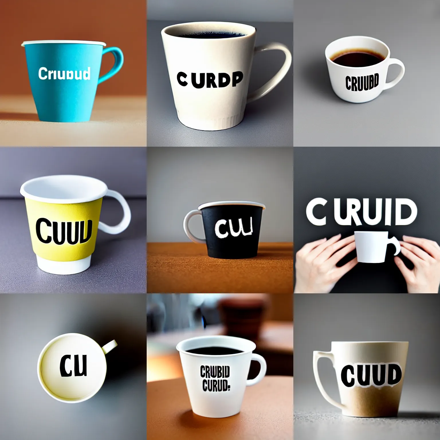 Prompt: a cup with the word'crumb'on it