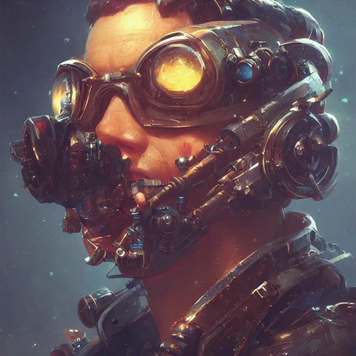 Image similar to a head and shoulders portrait of a space pirate, neon, retro, steampunk, smooth, sharp focus, intricate, artstation, detailed concept art by Greg Rutkowski and Norman Rockwell