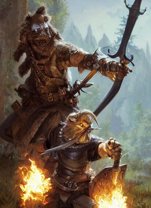 Image similar to photorealistic bugbear ranger holding sword on fire, magic, black beard, dungeons and dragons, pathfinder, roleplaying game art, hunters gear, jeweled ornate leather and steel armour, concept art, character design on white background, by sargent, norman rockwell, makoto shinkai, kim jung giu, artstation trending, poster art, colours red