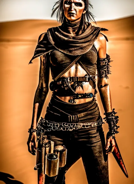 Image similar to mad max style warrior woman in desert _ unreal _ 5 _ daz. _ rpg _ portrait _ extremely _ detailed _ hyper real photo, shot with canon eos r 6