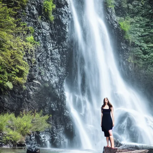 Prompt: a beautiful young woman, standing in a waterfall, hyper realistic, 8k, cinematic lighting, perfect symmetry, DSLR,