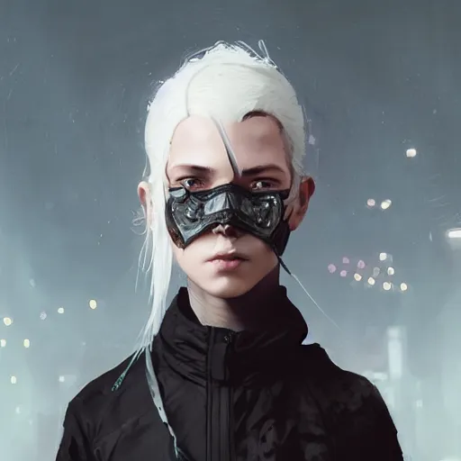 Image similar to very cool girl white hair girl with mask, streetwear, techwear, cyberpunk style outfit, full body, nose piercing, detailed portrait, intricate complexity, by greg rutkowski, cushart krentz, artgerm, ross tran, conrad roset, takato yomamoto, ilya kuvshinov. 4 k, beautiful, cinematic dramatic atmosphere