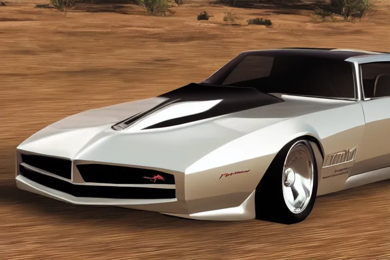 Image similar to updated sleek concept for a firebird trans am, cinematic, photoreal, by red dead redemption 2