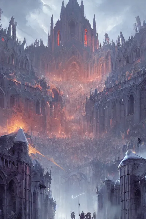 Image similar to epic battle between human warriors mages and demons, cathedrals and abbeys, by greg rutkowski