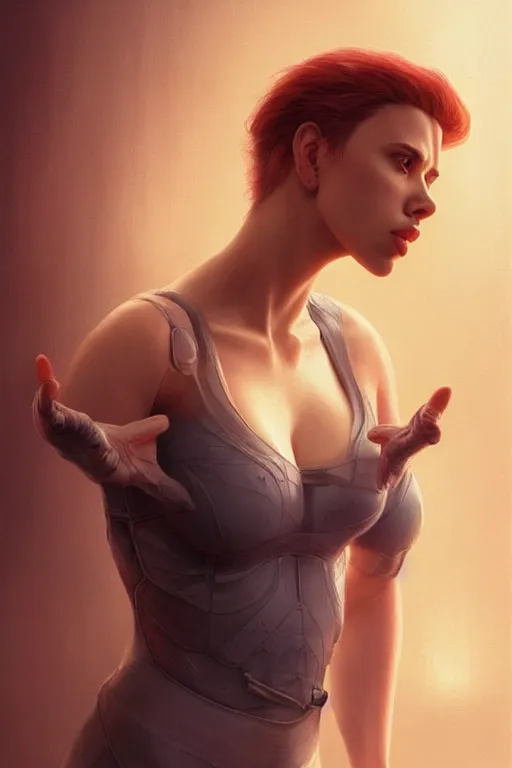 Prompt: Scarlett Johansson super excited, anatomy, only two hands, highly detailed, digital painting, artstation, concept art, smooth, sharp focus, illustration, Unreal Engine 5, 8K, art by art by artgerm and greg rutkowski and edgar maxence