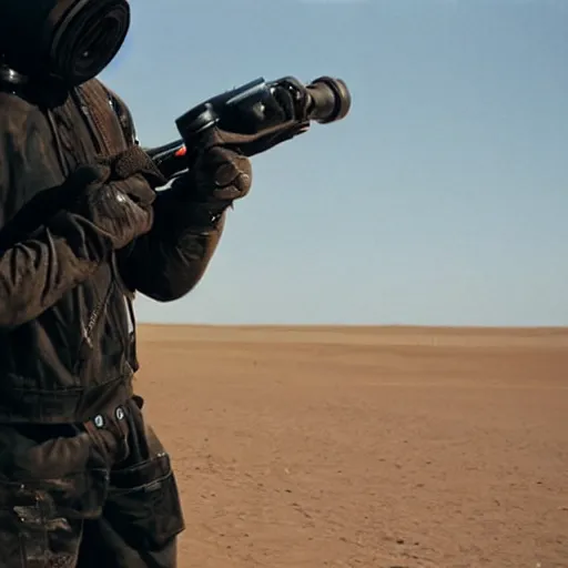 Image similar to a heavily armored man wearing a gasmask, in the desert, film still, panavision panaflex