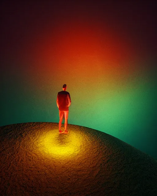 Image similar to a man standing in the middle of a mountain with a glowy neon triangle, a render by filip hodas, behance contest winner, environmental art, rendered in cinema 4 d, volumetric lighting