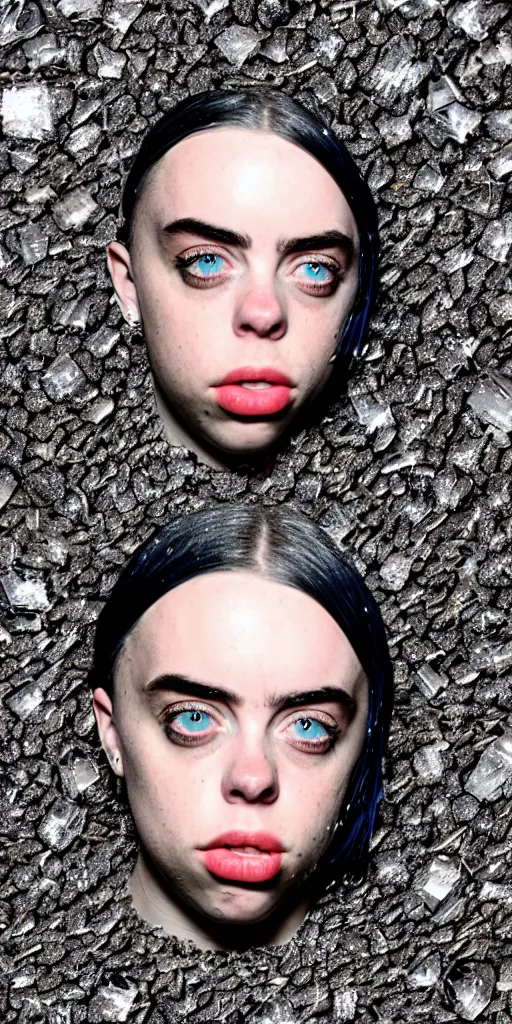 Prompt: professional photo shot of an billie eilish made of silica crystal spikes, melted with rocks in the background, microscopic picture, grimy, gritty, trending on artstation, award winning, close shot, by aleks labuda and barry webb