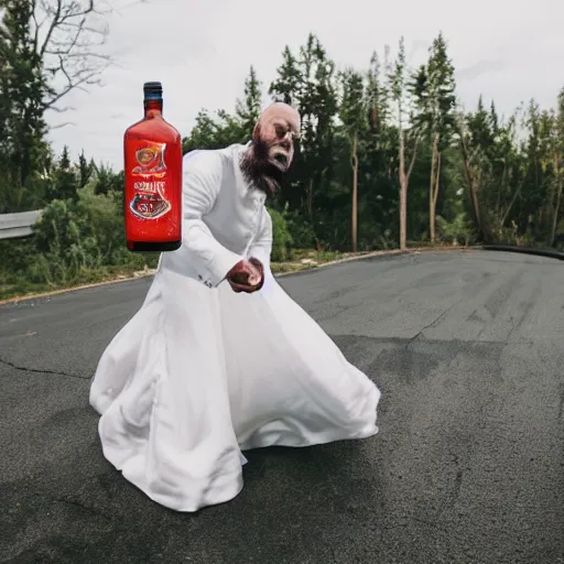 Image similar to evil bearded man in wedding dress attacking with a bottle of sriracha