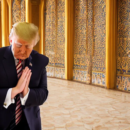 Image similar to Trump praying in mosque, award winning cinematic photography, 50 mm, blurred background, perfect faces