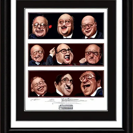 Image similar to variety pack of danny devito mugs , codex, rich colored ink, detailed, cinematic,