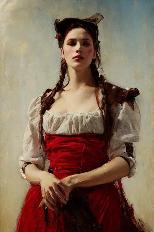 Image similar to Solomon Joseph Solomon and Richard Schmid and Jeremy Lipking victorian genre painting full length portrait painting of a young beautiful woman traditional german french pirate wench in fantasy costume, red background